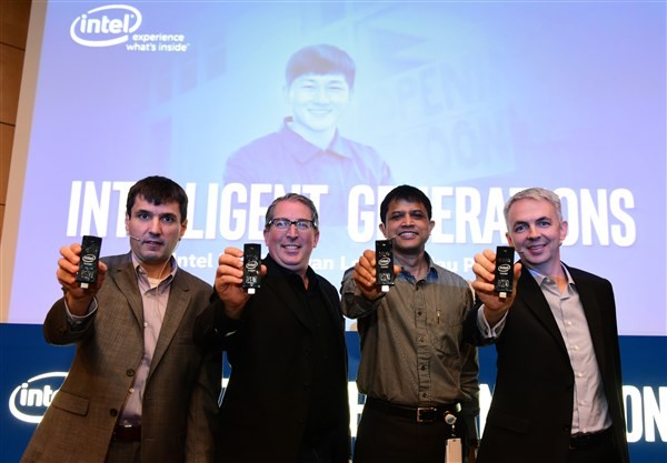 (L-R) Yannick LeClercq (Managing Director, Intel Mobile Communications, Singapore), Christopher Kelly (General Manager, Malaysia Design Centre), Prakash Mallya (Managing Director, Sales and Marketing Intel South East Asia) and Sumner Lemon (Country Manager, Intel Malaysia and Singapore) showing off the Intel Compute Stick at Intel Malaysia’s Intelligent Generations showcase.