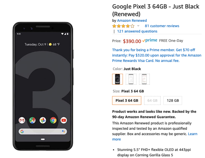 Refurbished Google Pixel 3 available for just $390 on Amazon 2
