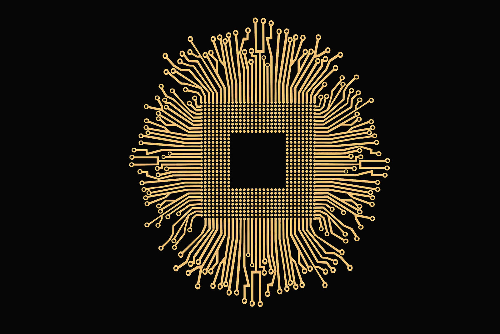 Golden electronics circuit and CPU isolated on black background