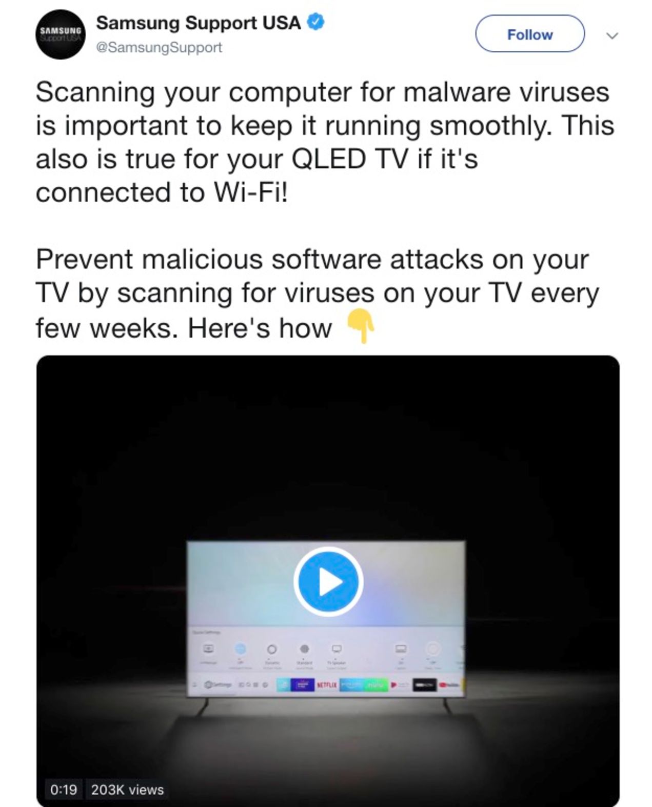 Samsung tweet suggests scanning your smart TV for malware every few weeks 1