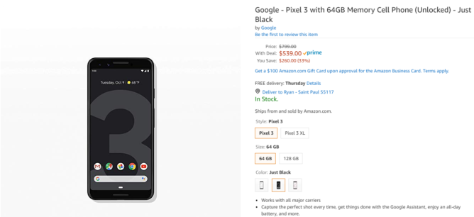 Pixel 3 for $539 on Amazon 2