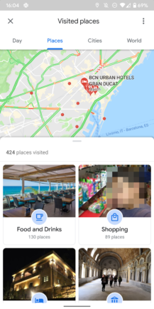Visually enhanced Google Maps timeline groups visited places by category, city, and country [APK Download] 2