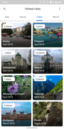 Visually enhanced Google Maps timeline groups visited places by category, city, and country [APK Download] 5