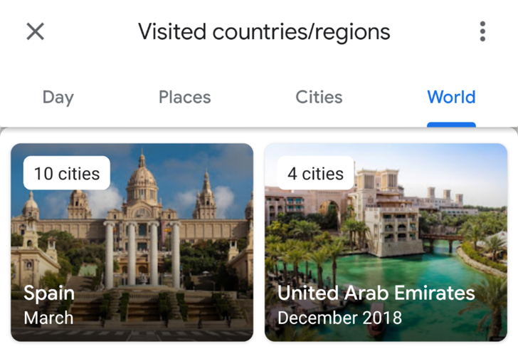 Visually enhanced Google Maps timeline groups visited places by category, city, and country [APK Download]