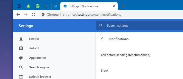 Notification settings in Google Chrome