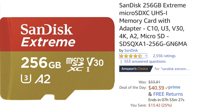 Today only, get a SanDisk Extreme 256GB A2 microSD card for just $40.39 at Amazon, an all-time low 2