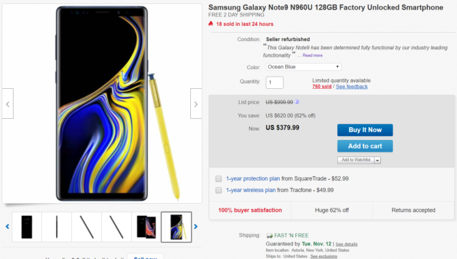 Get a refurbished Samsung Galaxy Note 9 for $380 ($345 off) on eBay 2
