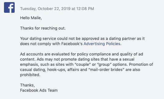 Facebook uses its ad policies to block apps that compete with its dating service 1